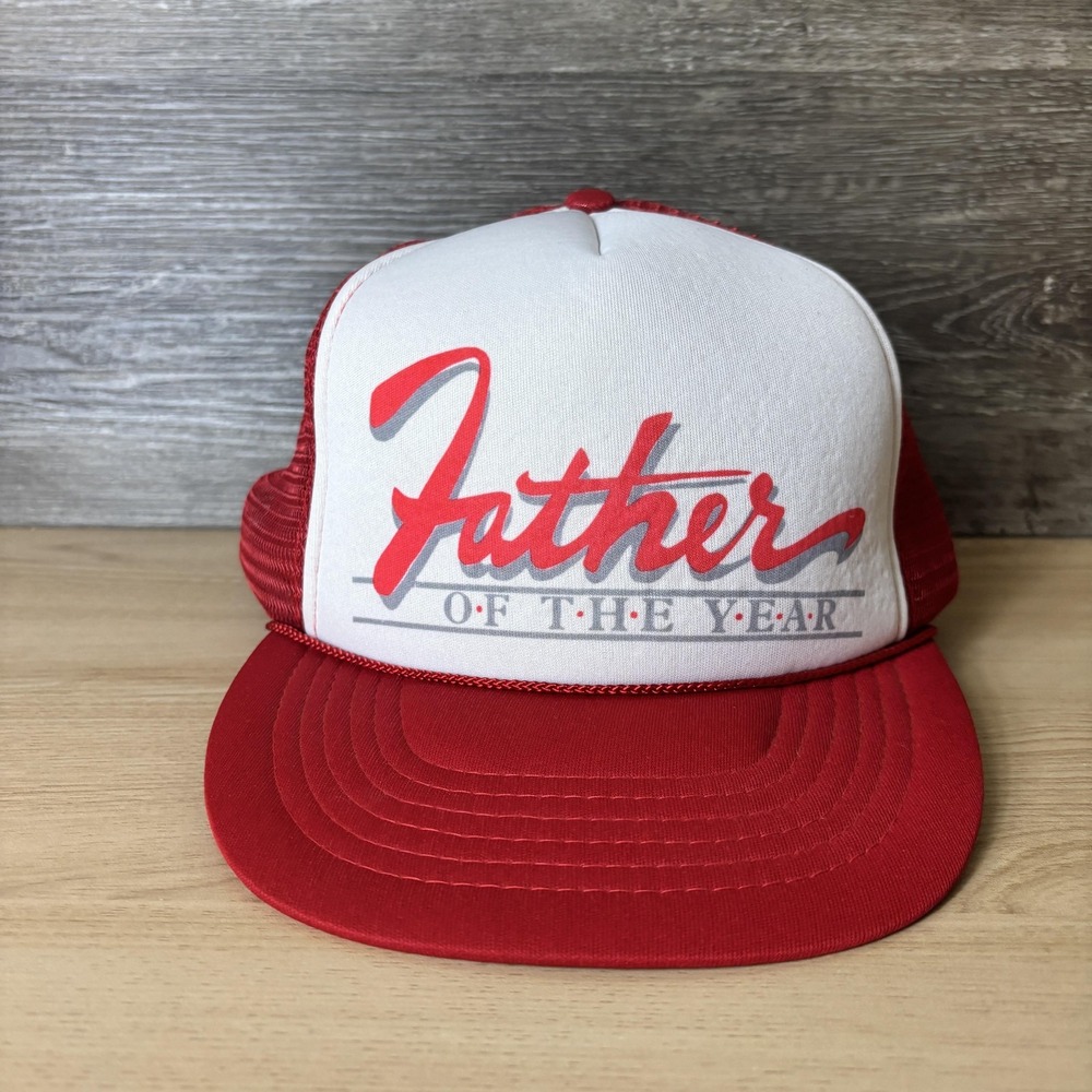 Vintage Father Of The Year Hat Cap Snap Back Red White Mesh Trucker Mens 80s